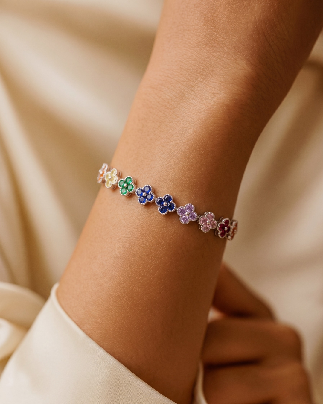 Korean Flora Rainbow Clover Tennis Bracelet